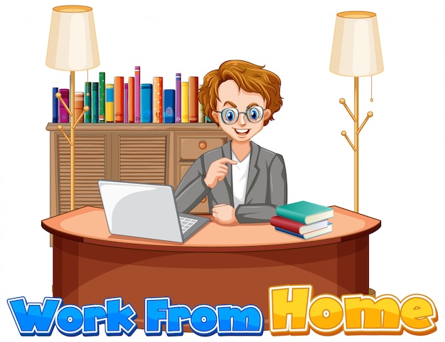 Font design for work from home with man working on computer