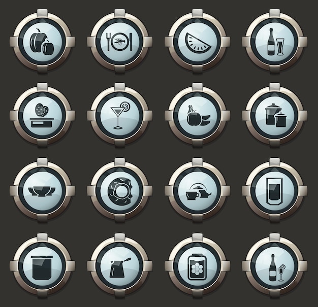 food and kitchen vector icons in the stylish round buttons for mobile applications and web
