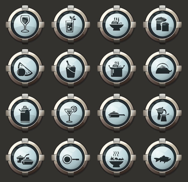 food and kitchen vector icons in the stylish round buttons for mobile applications and web