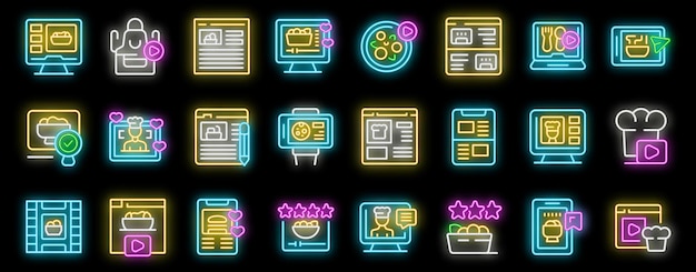 Food bloggers are posting online culinary content using various devices in neon style
