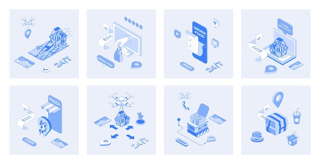 Food delivery 3d isometric concept set with isometric icons design for web Collection of online pizza restaurant ordering grocery bags transportation fast courier shipping Vector illustration