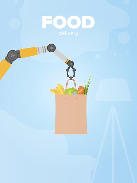 Food delivery banner. Robotic hand holds a paper bag with products. Shopping delivery concept. Vector.
