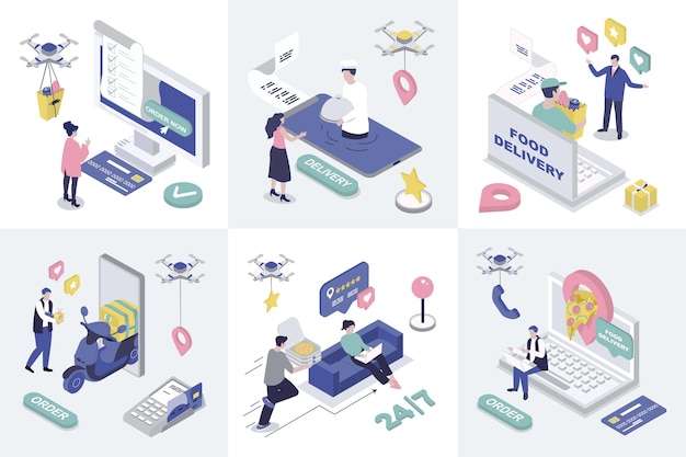 food delivery web concept in 3d isometric design fast courier shipping pizza orders to home location abstract fabric production line in isometry graphic for corporate poster vector illustration