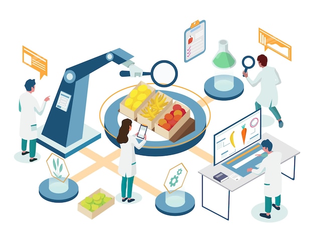 Food laboratory research isometric flowchart vector illustration Scientists male and female characters testing safety and quality of food products in laboratory Scientific study of foods