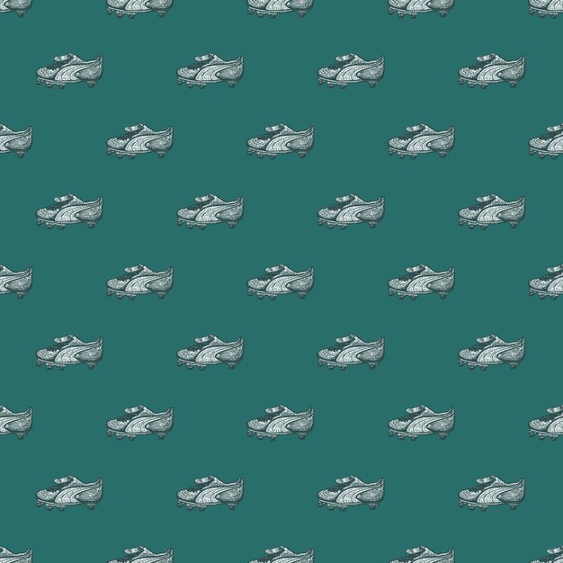 Football boots engraving seamless pattern Vintage background sport topic in hand drawn style