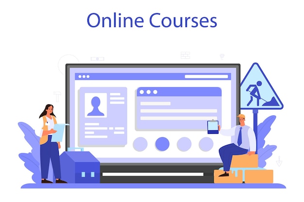Foreman online service or platform. Main engineer leading at construction site. Construction industry, house development business. Online course. Vector illustration.