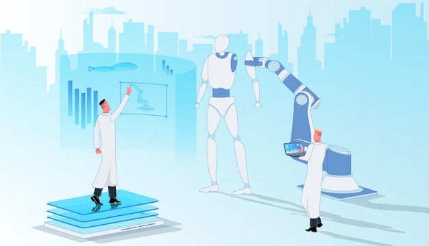Forskere udvikler en robot i laboratoriet omkring innovative grafikker og teknologi