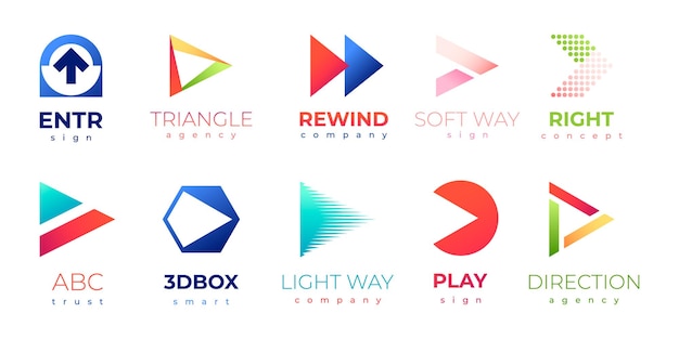 Forward logo sign Abstract gradient arrows with text for logotype material design creative play button symbol renewable energy icon flat style Vector collection