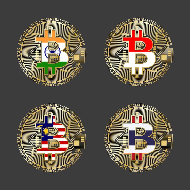 Vektör four golden bitcoin icons with flags of india indonesia malaysia and thailand cryptocurrency technology symbol vector digital money icons isolated on grey background