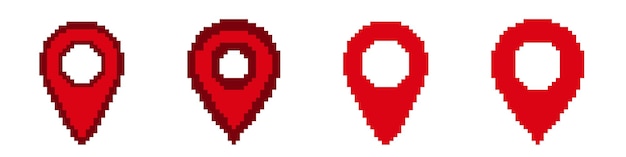Four red location pins in pixel art style depict simple digital design elements in varying sizes