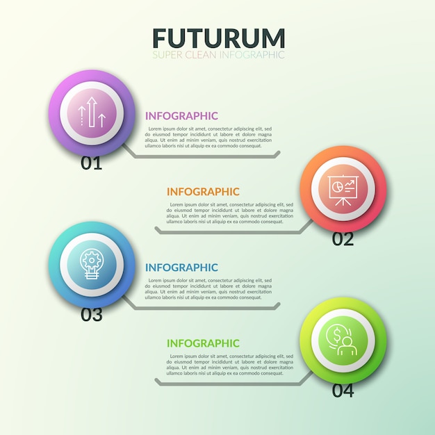 Four thin line symbols inside colorful round elements placed one above other and connected with text boxes. Levels of business development concept.