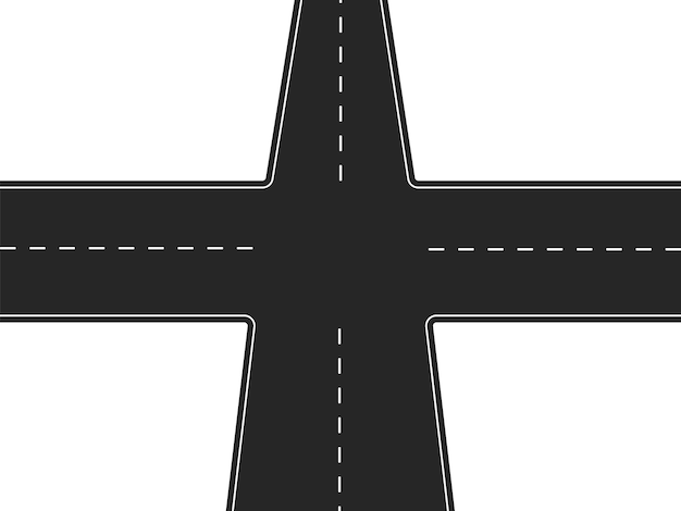 Four way road Black highway with intersection and white markings traffic crossroads with finding right vector direction