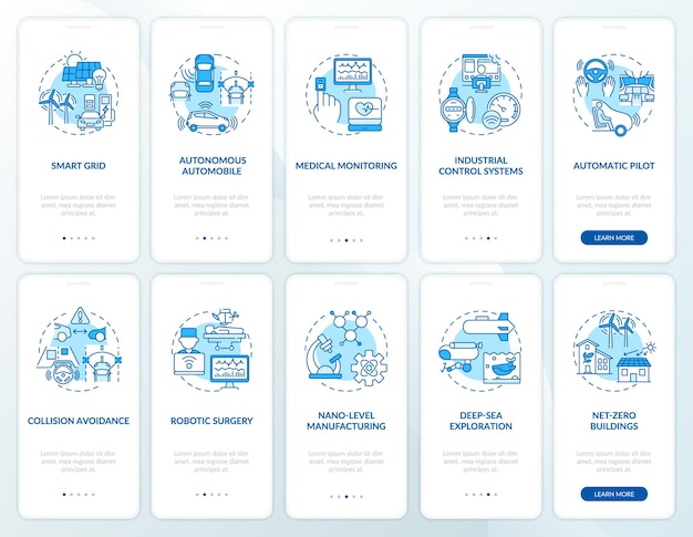 fourth industrial revolution onboarding mobile app page screen with concepts set. cps implementation walkthrough  steps. ui  template with rgb color