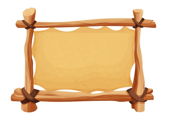 Frame from wood branch sticks old paper and leather rope in comic cartoon style