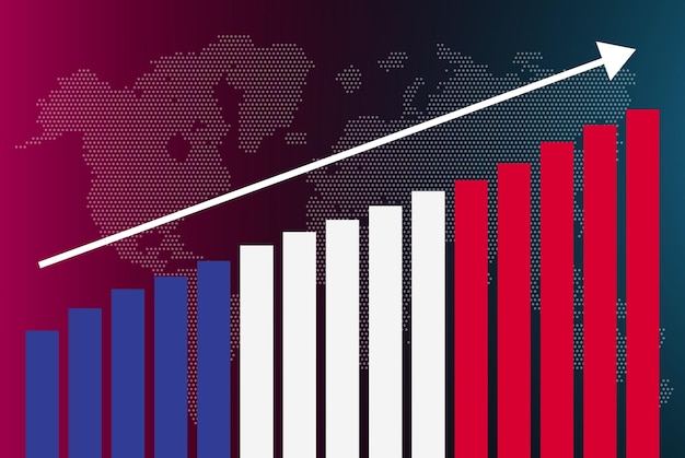 france bar chart graph, increasing values, country statistics concept, france flag on bar graph