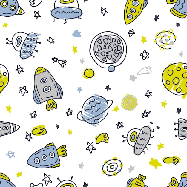 free hand drawing vector seamless pattern of rockets and planets in space perfect for tshirt textile and prints doodle style illustration for decor and design