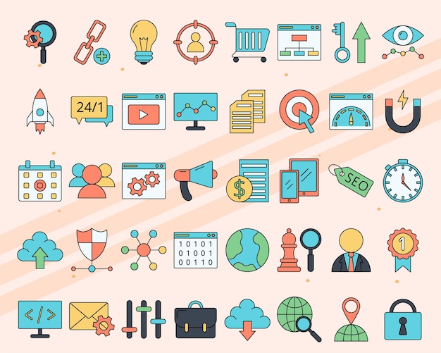 Free SEOrelated icons set ideal for digital marketing and search engine optimization tools