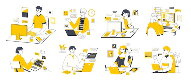 Freelance creative workers distant freelancers during workflow vector symbols illustrations set