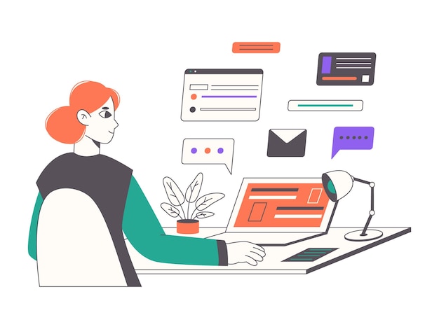 freelance remote worker working from home distant creative office flat vector illustration