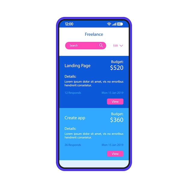 Freelance tjenester smartphone interface vektorskabelon. Mobil side blå design layout. Hjemmeside udvikling, app oprettelse ordrer skærm. Flad UI til applikation. Online beskæftigelse. Telefonskærm