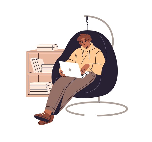 freelancer in armchair remote works by laptop student is on distance education studies with computer freelance worker is at home office workplace flat isolated vector illustration on white