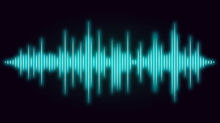 Frequency of sound wave in blue color on black background. Illustration about music visual of audio.