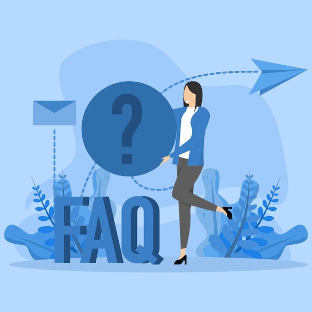 Frequently Asked Questions concept, woman with long hair saying in message bubble and holding big