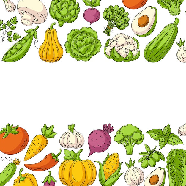 Fresh and healthy farm vegetables vector square card veggies colorful icons border frame Space