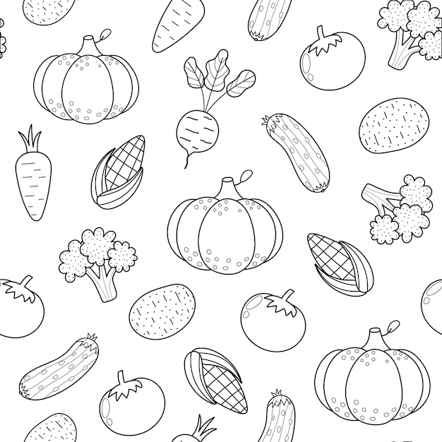 Fresh vegetables black and white seamless pattern in cartoon style