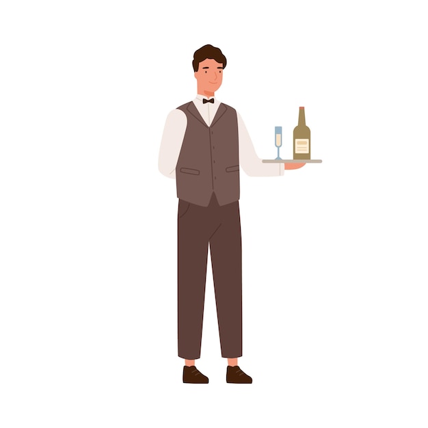 Friendly male waiter holding tray with bocal and bottle of champagne vector flat illustration. Smiling restaurant staff carrying alcohol beverage isolated on white. Cafeteria attendants service.