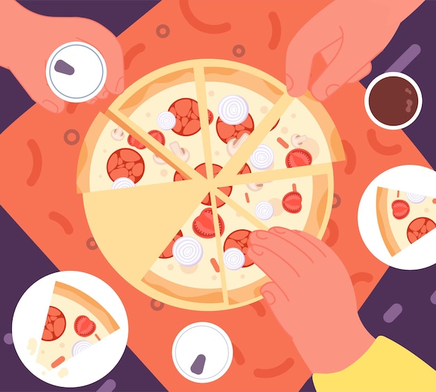 friends dinner with pizza top view lunch fast food delivery hands take drinks joy home party cafe or pizzeria friendship utter vector concept