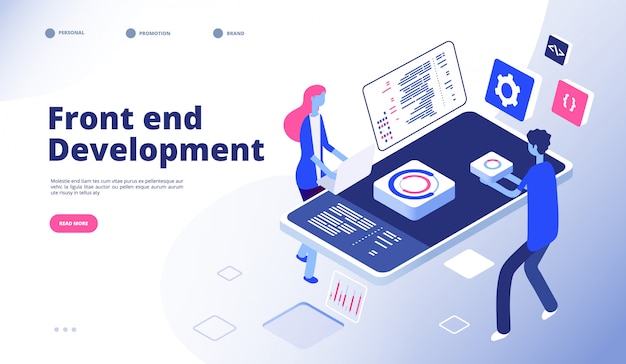 Front end development. Programmer develop computer website interface front-end graphics engineering programming landing  page
