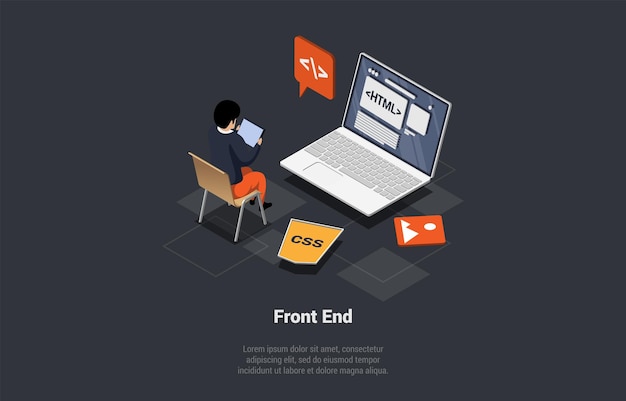 Front og bagende af udvikling Responsivt webdesign Website interface og programmering Mand Udvikler kodning af hjemmeside ved hjælp af CSS Python C og HTML sprog Isometrisk 3d vektorillustration