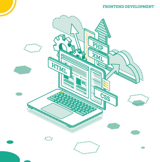 Frontend Development Isometric Concept with Laptop Isolated on White