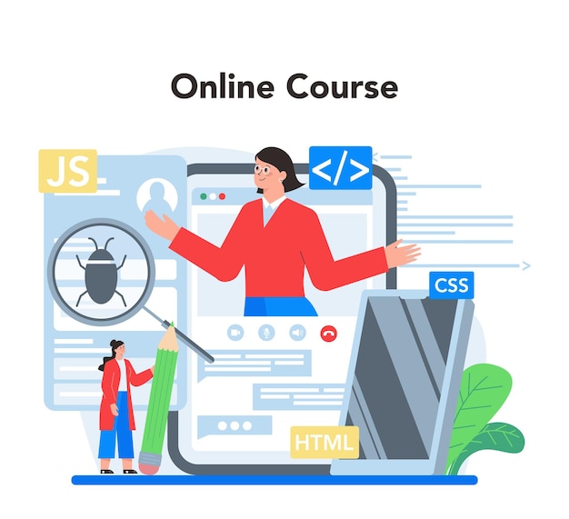 Frontend development online service or platform Website interface design improvement Web page programming coding and testing Online course Isolated flat vector illustration
