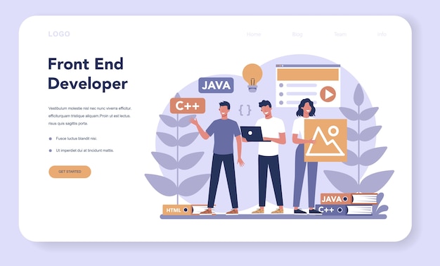 Frontend development web  landing page. Website interface design improvement. Programming and coding. IT profession. Isolated flat vector illustration