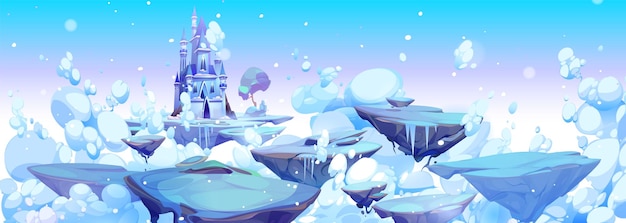 frozen magic princess castle with snow in winter cartoon background beautiful white fantasy ice palace for cloudy fairytale landscape enchanted floating rock island path in sky air with nobody