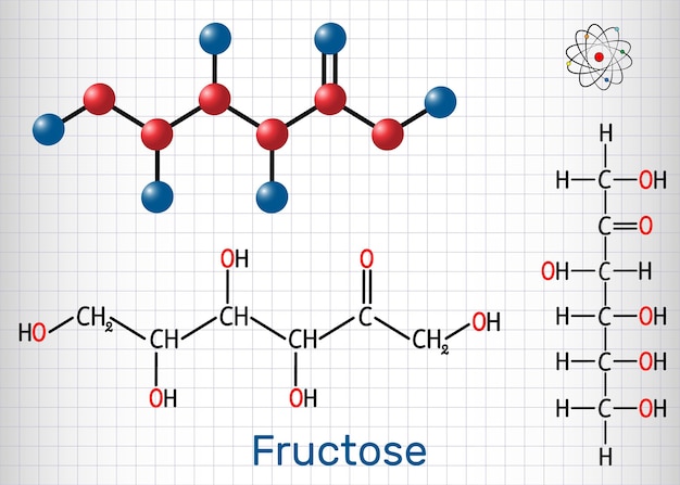 Fructose Dfructose molecule Linear form Structural chemical formula and molecule model