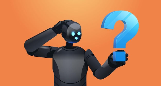 frustrated black robot cyborg holding question mark help support service faq problem artificial intelligence technology 
