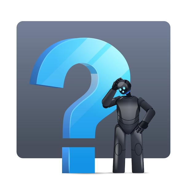 frustrated black robot cyborg standing near question mark help support service FAQ problem artificial intelligence technology 