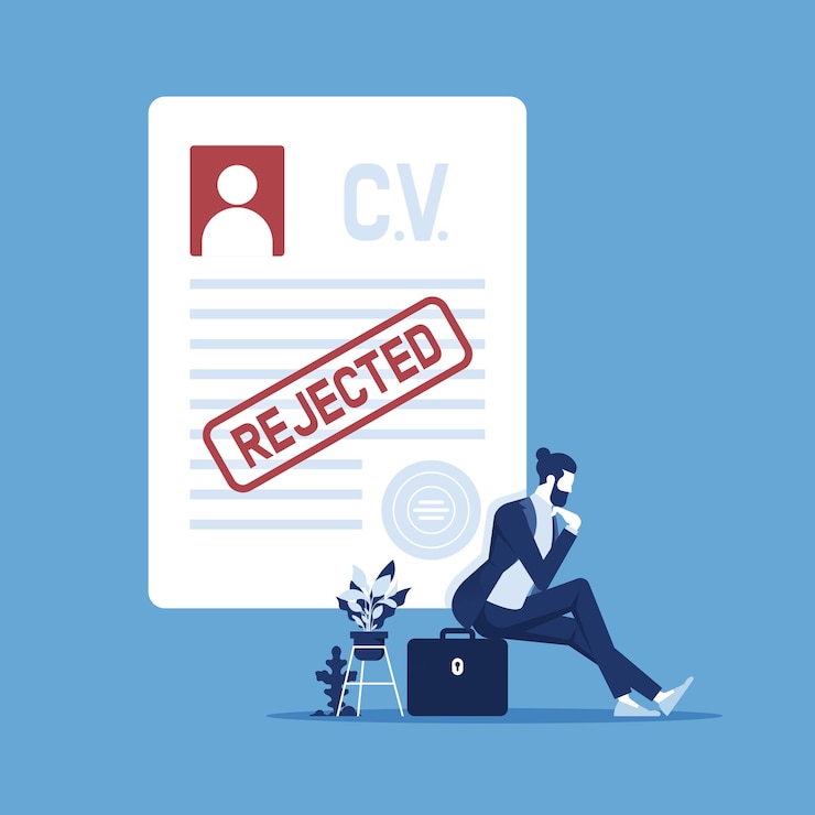 Vektör frustrated businessman with reject stamp on the stack of paper sheets refusal to grant a loan or job