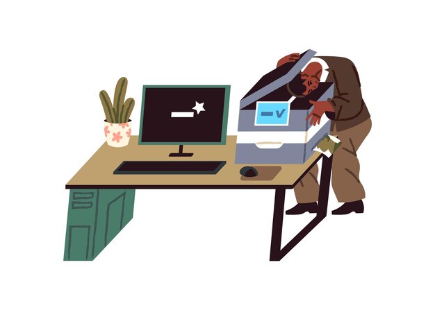frustrated employee with burnout prints his face with photocopy machine bored office worker messing around instead work at the desk workplace flat isolated vector illustration on white background