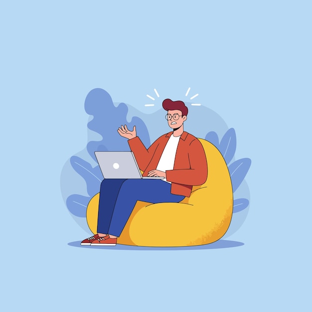 Frustrated Man Working on Laptop in Bean Bag Chair