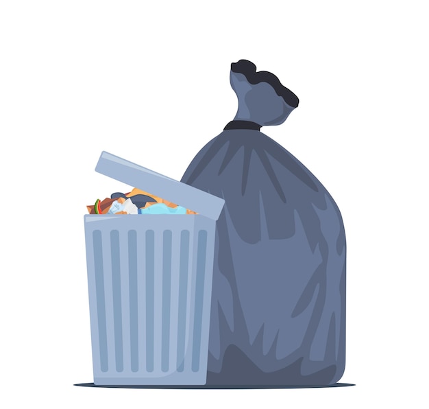 Full garbage bin and black plastic trash bag Overflowing recycling container with trash