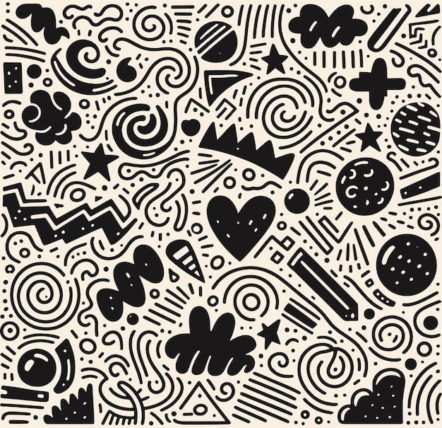Fun black and white line doodle seamless pattern Creative abstract squiggle style drawing