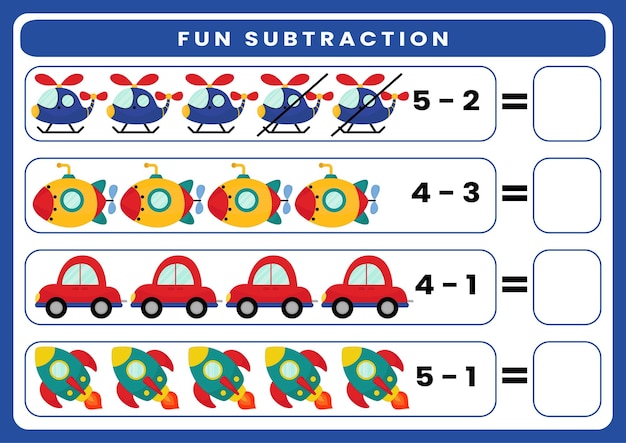 Fun subtraction worksheet for kids transportation themed