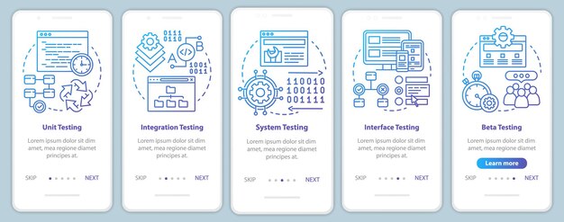 Funktionel software test onboarding mobil app side skærm vektor skabelon