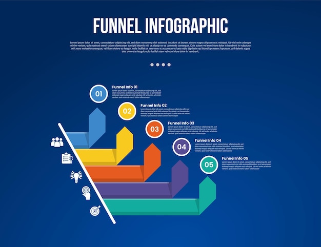 funnel infographic with flipped ribbon arrow top direction with 5 point with dark style for slide presentation