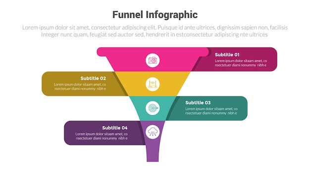 Funnel shape infographics template diagram with sharp pyramid reverse and left right information and 4 point step creative design for slide presentation vector
