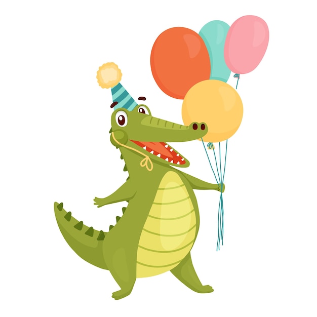 Funny crocodile in cap holds balloons and laughs Vector animal character for birthday card isolated on white background